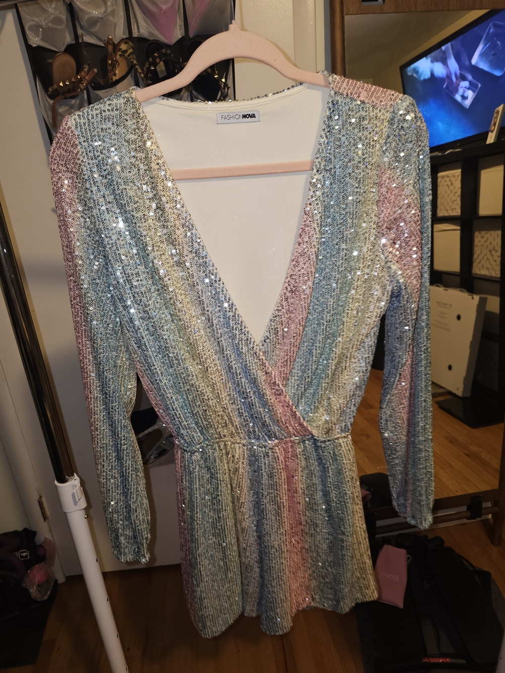 Fashion Nova Pastel Sequin Wrap Long Sleeve Mini Shorts Jumpsuit